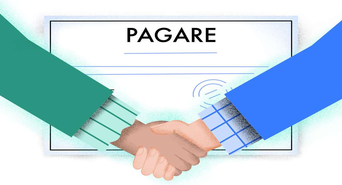 Imagen ilustrativa de un pagarÃ© en manos de dos personas que representan al emisor y al beneficiario, simbolizando el compromiso financiero y la transacciÃ³n legal.